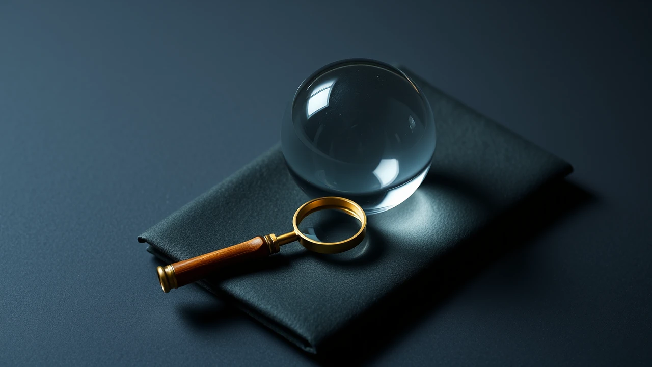 A single clear glass sphere sitting on a folded square of dark green felt on matte charcoal paper, a brass magnifying loupe lying beside it and catching the light of one warm overhead lamp, the rest of the frame falling into soft charcoal shadow.