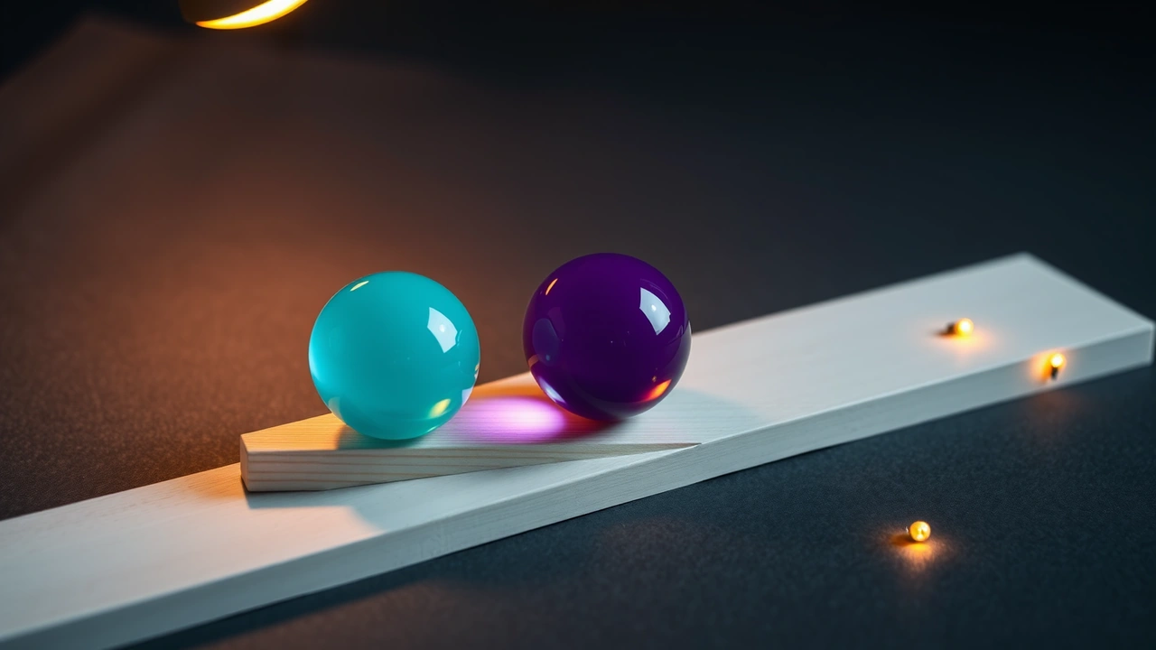 Three smooth glass spheres in pale teal, deep violet and warm amber standing a hand's width apart along a narrow strip of pale wood on matte charcoal paper, each casting its own small coloured glow onto the paper, one warm lamp overhead.