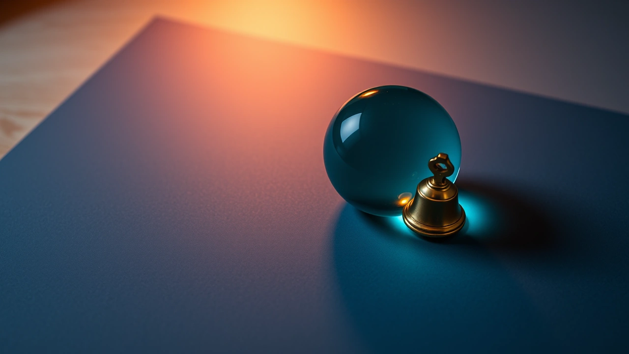 A single smooth teal glass sphere resting on a sheet of dark slate-blue card and throwing a small pool of coloured light across it, a small plain brass bell standing a little behind it, seen from slightly above with warm lamplight from the upper left.
