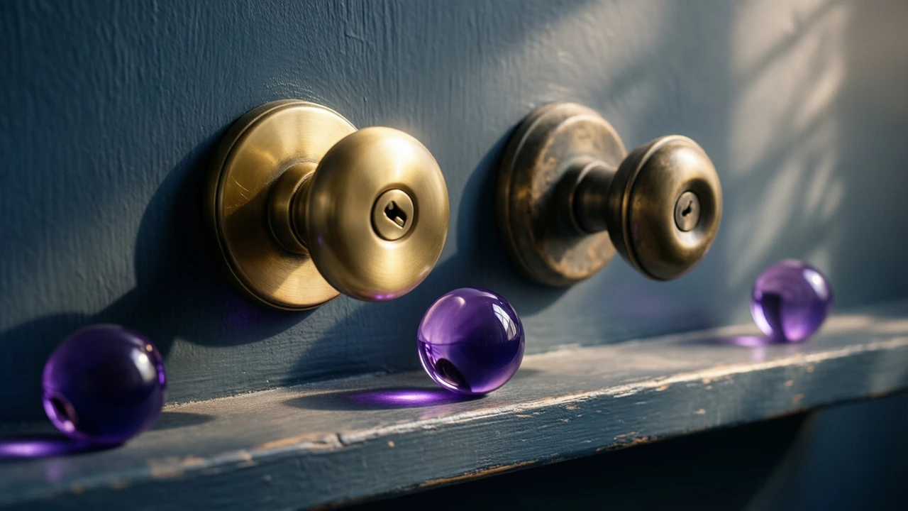 Two plain brass door handles fixed side by side on a charcoal wall, one polished bright under a warm lamp and the other dull and worn, a single smooth violet glass sphere resting on the narrow ledge between them, soft shadows falling down the wall.