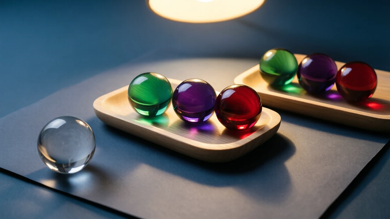Seen from slightly above, a shallow tray of pale wood on matte charcoal paper holds three smooth glass spheres in emerald green, deep violet and scarlet red with a clear gap between each, while a fourth sphere of plain clear glass has rolled a little apart toward the lens, one warm lamp overhead, crisp long shadows to the right and the paper falling into deep charcoal at the edges.