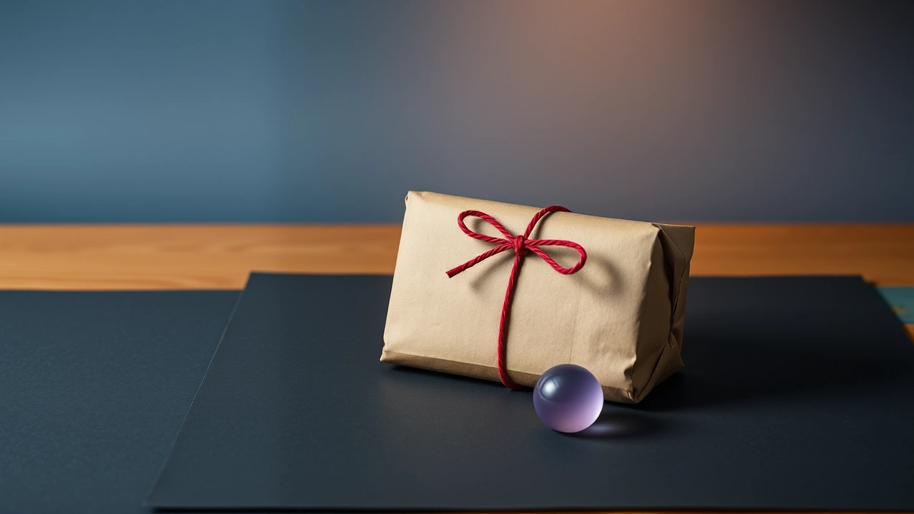 A plain cardboard parcel standing on matte charcoal paper, tied once around the middle with a short length of red cotton cord in a neat bow, a small smooth violet glass sphere resting against its base, one warm lamp above casting a crisp soft shadow.