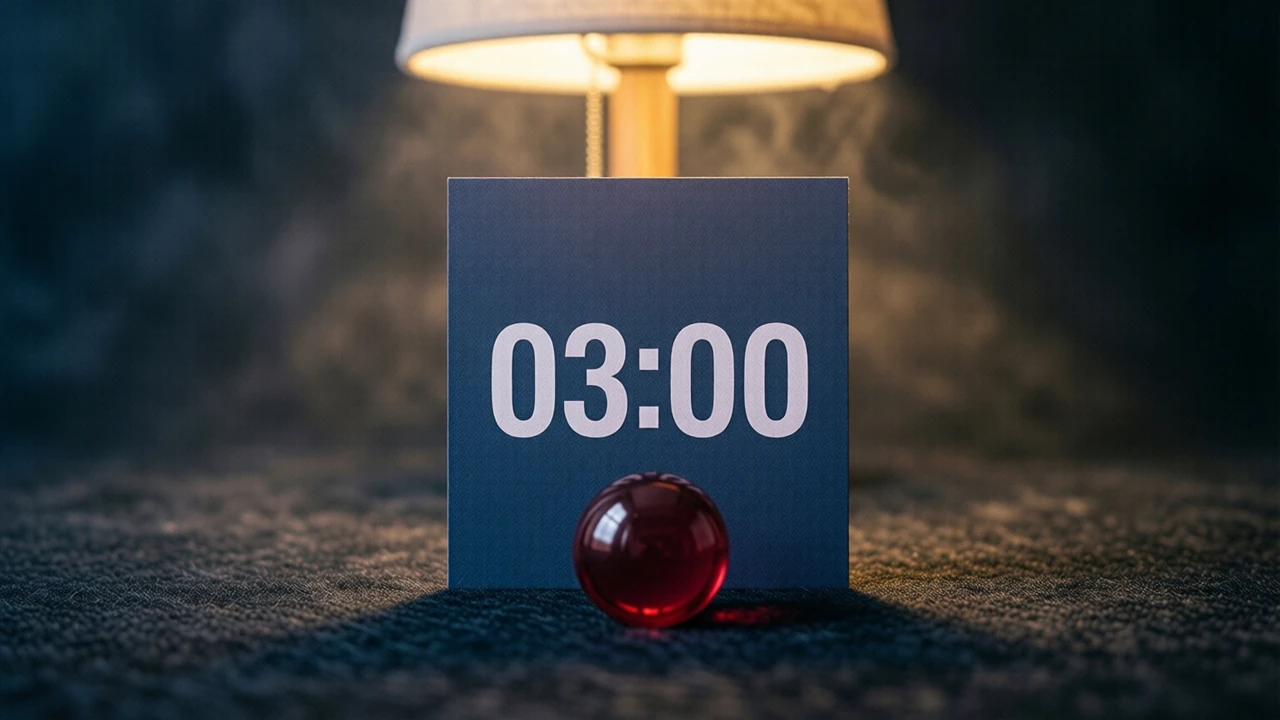 A small flat square card standing upright on dark felt and facing the lens with the single line 03:00 in heavy white type, a smooth scarlet glass sphere resting in front of it, one warm lamp overhead and deep charcoal falling away at the edges.